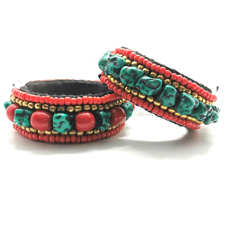 Ethnic Fashion Com - กำไลข้อมือทำมือสไตล์ทิเบต ประดับด้วยลูกปัดเทียมสีฟ้าคราม รุ่น BB-101