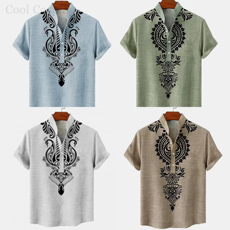 Ethnic Fashion Men - เสื้อเชิ้ตเฮนลีย์สไตล์เรโทรสำหรับผู้ชาย ลายพิมพ์ 3 มิติ สไตล์ชาติพันธุ์ แฟชั่น
