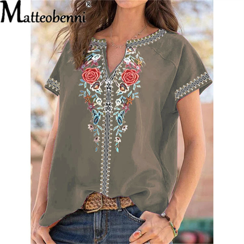Urban Ethnic Fashion - ฤดูร้อนผู้หญิง Urban Leisure V คอพิมพ์แขนสั้นเสื้อยืดสุภาพสตรีสไตล์ชาติพันธุ์ Casual