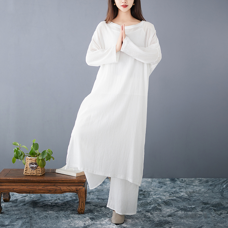 Ethnic Fashion Dress - ชุดเดรสผ้าฝ้ายลินินทรงหลวมสำหรับผู้หญิง ไซส์ใหญ่ สไตล์ฮั่นฝู ชุดเต้นรำ เสื้อคลุมยาวสีขาว แฟชั่นฤดูใบไม้ผลิ