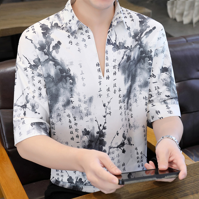Urban Ethnic Fashion - เสื้อยืดแขนสั้นผ้าไอซ์ซิลค์สำหรับผู้ชาย แขนห้าส่วน รุ่นใหม่สำหรับฤดูร้อน เสื้อเบสิกให้ความรู้สึกเย็นสบาย ทรงหลวม แฟชั่นสไตล์คนเมือง