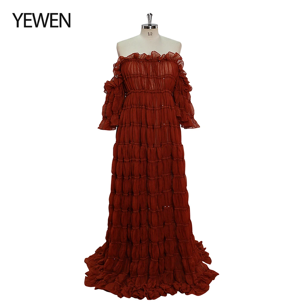 Ethnic Fashion Dress - ชุดเดรสถ่ายภาพคนท้องแบบเปิดไหล่ ดีไซน์หรูหรา สำหรับถ่ายภาพคนท้อง ช่วงตั้งครรภ์ ดีไซน์ผ่าข้าง สไตล์โบฮีเมียน