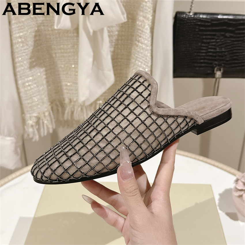 Ethnic And Fashion - รองเท้าสลิปเปอร์แบบสวมหัวมน ผ้าลูกไม้เนื้อเงา ประดับวิบวับ ส้นเตี้ย สำหรับผู้หญิง รองเท้าโลฟเฟอร์ลำลองแฟชั่นฤดูร้อน