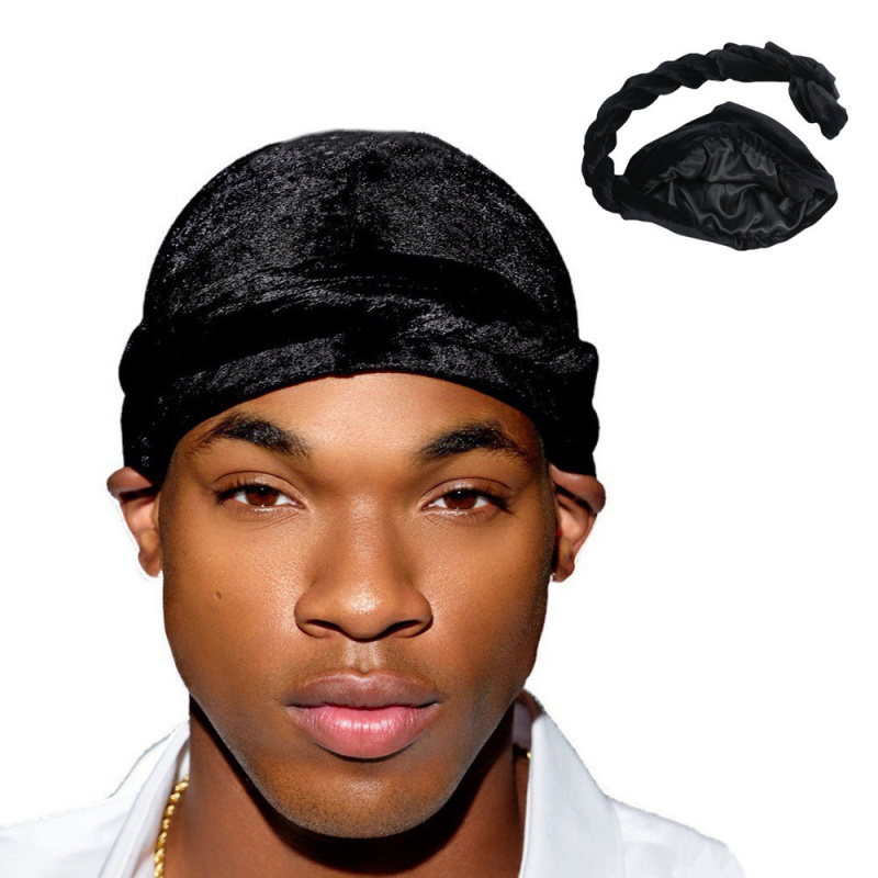 Ethnic Fashion Men - สีทึบผู้ชายกํามะหยี่ผ้าพันคอชาติพันธุ์ถักซาตินสองชั้นภายใน Man Turban หมวกแฟชั่นผ้าไหม Durag
