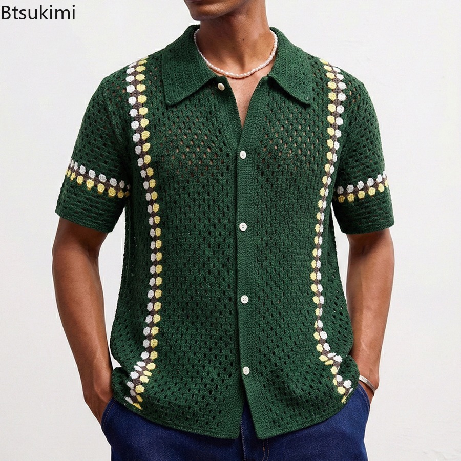 Urban Ethnic Fashion - เสื้อคาร์ดิแกนผู้ชายสไตล์เรโทรแนวชาติพันธุ์ แฟชั่นคนเมือง ลายฉลุดอกไม้ เสื้อถักแขนสั้น ฤดูร้อน เสื้อถักลายแจ็คการ์ด