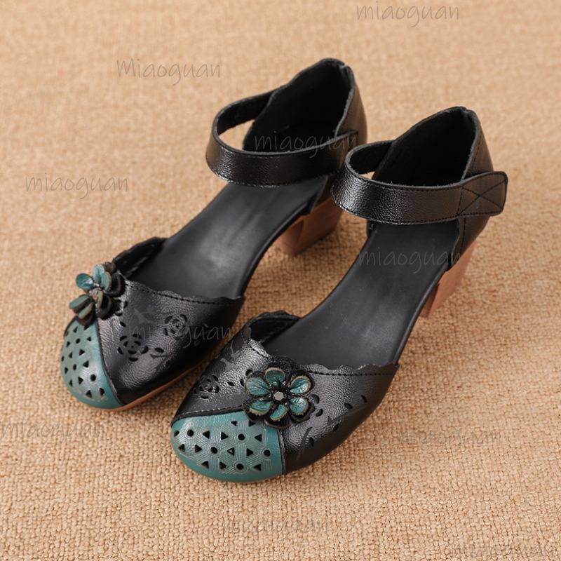 Ethnic And Fashion - รองเท้าส้นเตารีดแบบกลาดิเอเตอร์ ปลายเปิดประดับดอกไม้ สายรัดข้อเท้า สไตล์เรโทร รองเท้าสไตล์ชาติพันธุ์ ใส่สบาย