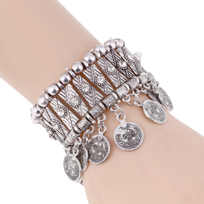 Ethnic Fashion Co In - Vintage Statement เหรียญพู่สร้อยข้อมือกําไลข้อมือผู้หญิงแฟชั่นโลหะ Handmade คริสตัล Rhinestone