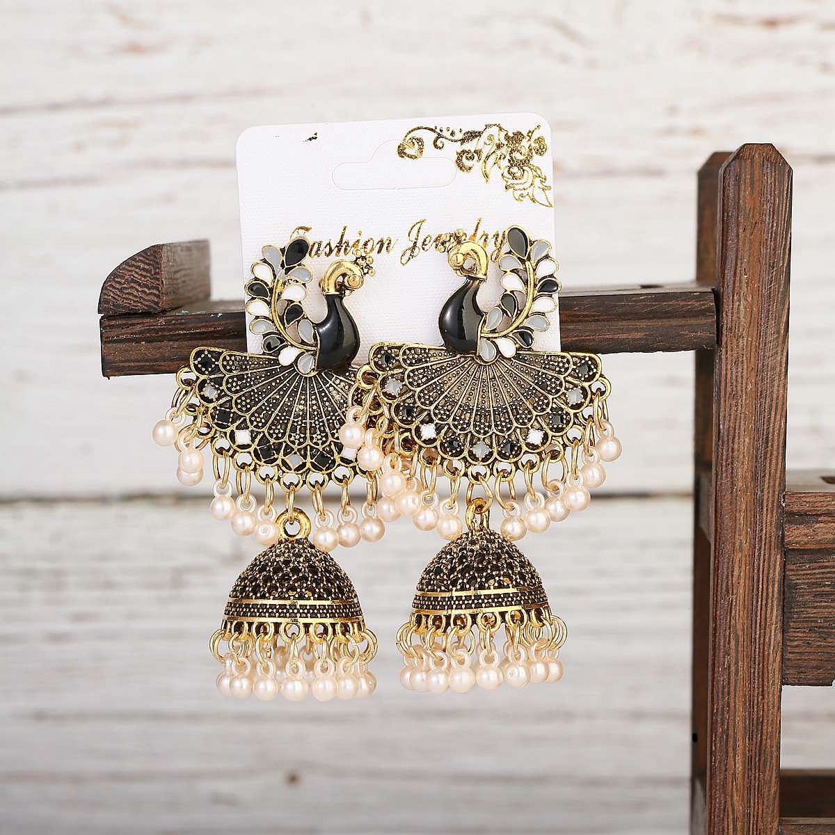 Ethnic Indian Fashion - Vintage โบราณอินเดียหยดน้ำมันนกยูง Jhumki ต่างหูผู้หญิง Boho ชาติพันธุ์