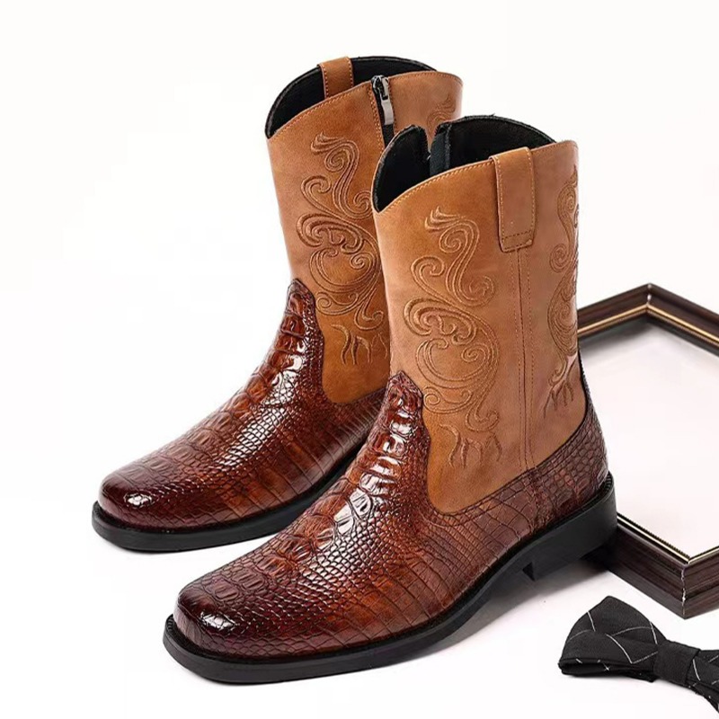 Ethnic Fashion Men - รองเท้าบูทคาวบอยสไตล์ตะวันตกแบบลำลองสำหรับผู้ชาย รองเท้าบูทกันหิมะสำหรับผู้ชาย รองเท้าบูทแบบนักรบ