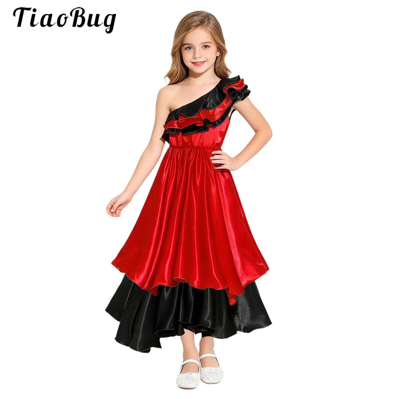 Ethnic Fashion Dress - ชุดเต้นรำสไตล์บราซิลสำหรับเด็กผู้หญิง ชุดเต้นฟลาเมงโกสเปน ชุดแสดงรูมบา แซมบา สำหรับวันฮาโลวีน แบบไหล่เดียว