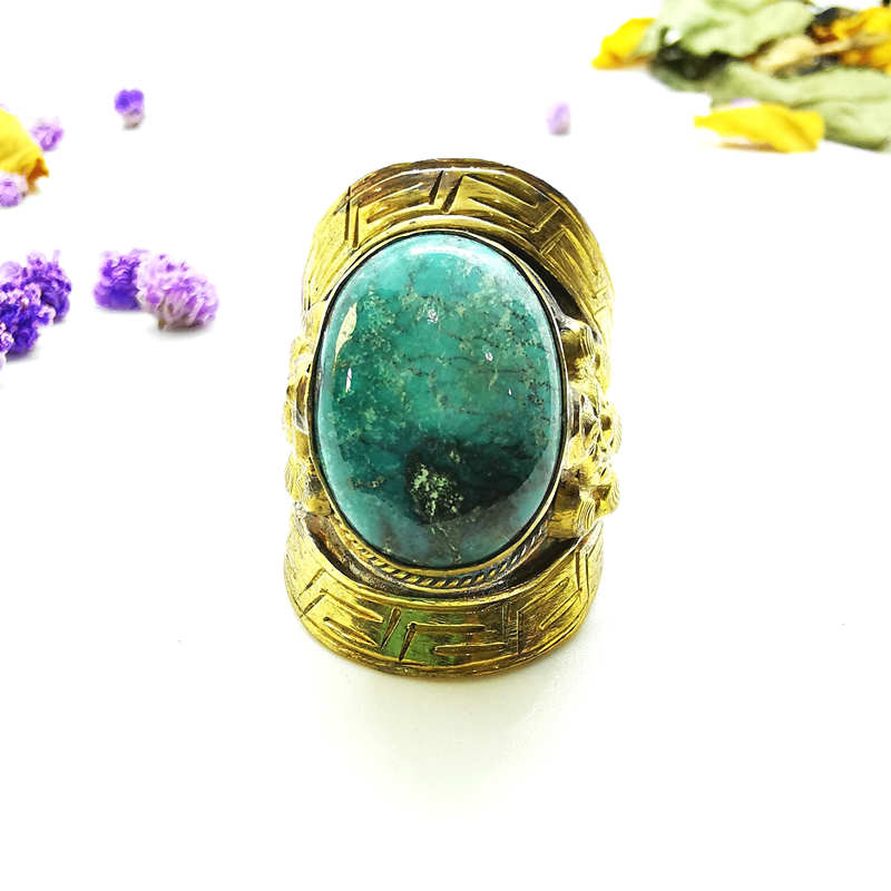 Ethnic Fashion Com - แหวนทองเหลืองฝังพลอยเทอร์ควอยซ์ธรรมชาติสำหรับผู้ชาย รุ่น R029
