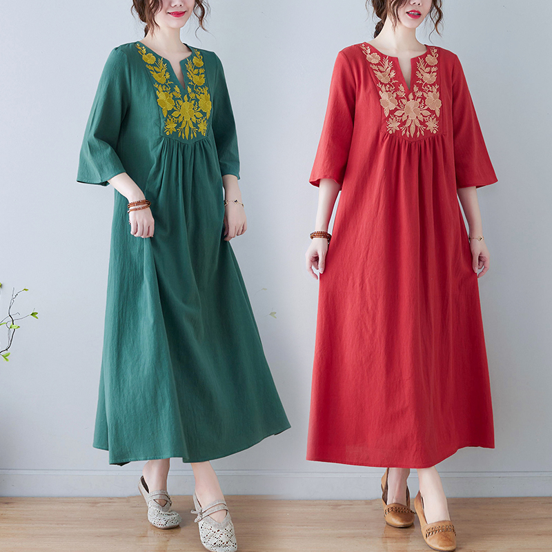 เดรสผ้าฝ้ายลินินปักลายสไตล์ชาต - Ethnic Fashion Dress บทวิจารณ์และราคา