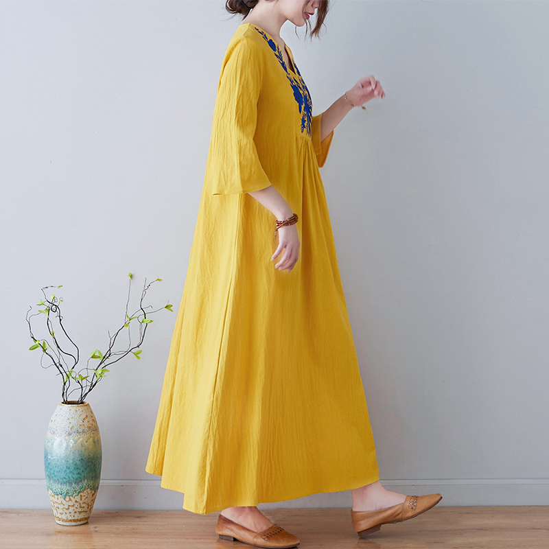 เดรสผ้าฝ้ายลินินปักลายสไตล์ชาต - Ethnic Fashion Dress บทวิจารณ์และราคา